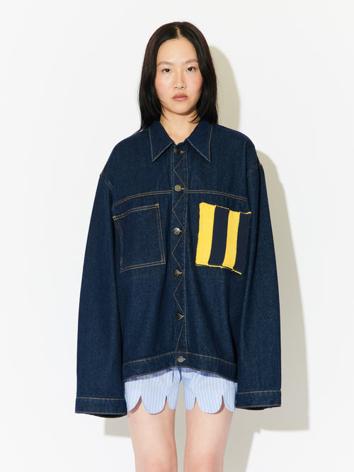 CARGO DENIM JACKET WITH KNIT PATCH in BLUE | Charles Jeffrey Loverboy