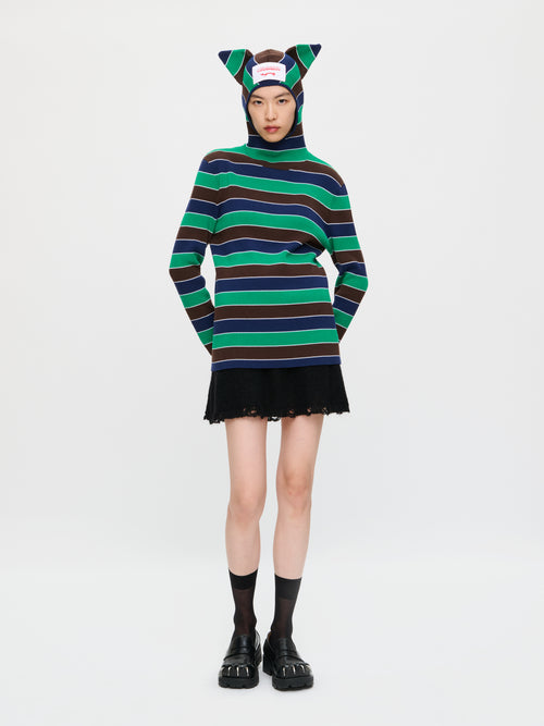 RIBBED EARS BALACLAVA JUMPER in GREEN NAVY STRIPE | Charles Jeffrey Loverboy