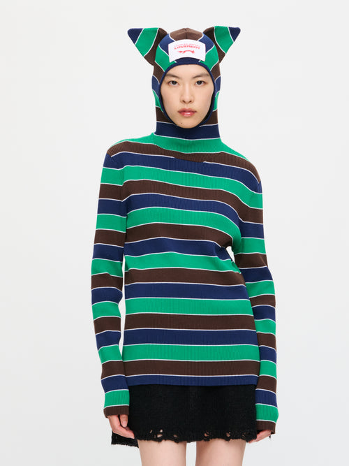 RIBBED EARS BALACLAVA JUMPER in GREEN NAVY STRIPE | Charles Jeffrey Loverboy
