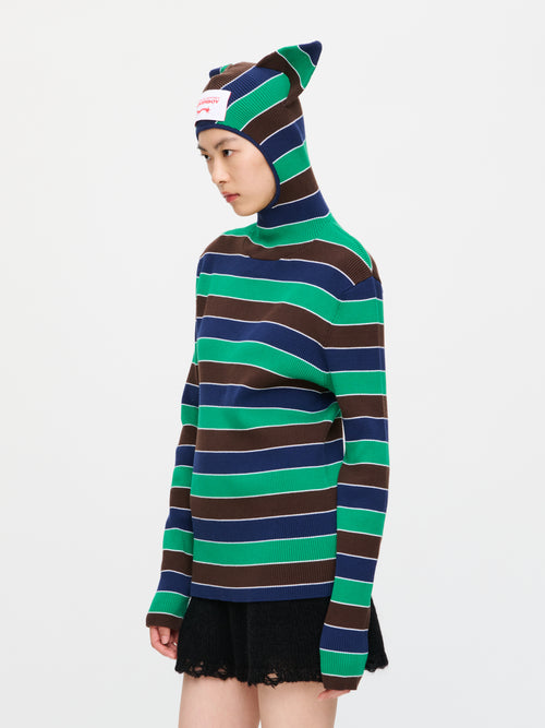 RIBBED EARS BALACLAVA JUMPER in GREEN NAVY STRIPE | Charles Jeffrey Loverboy
