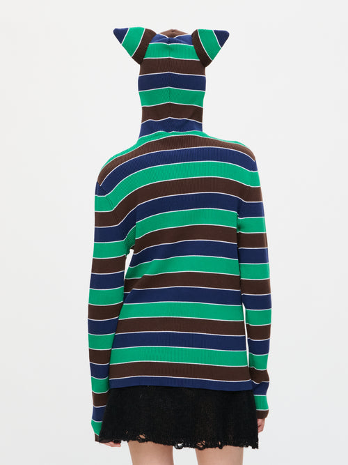 RIBBED EARS BALACLAVA JUMPER in GREEN NAVY STRIPE | Charles Jeffrey Loverboy