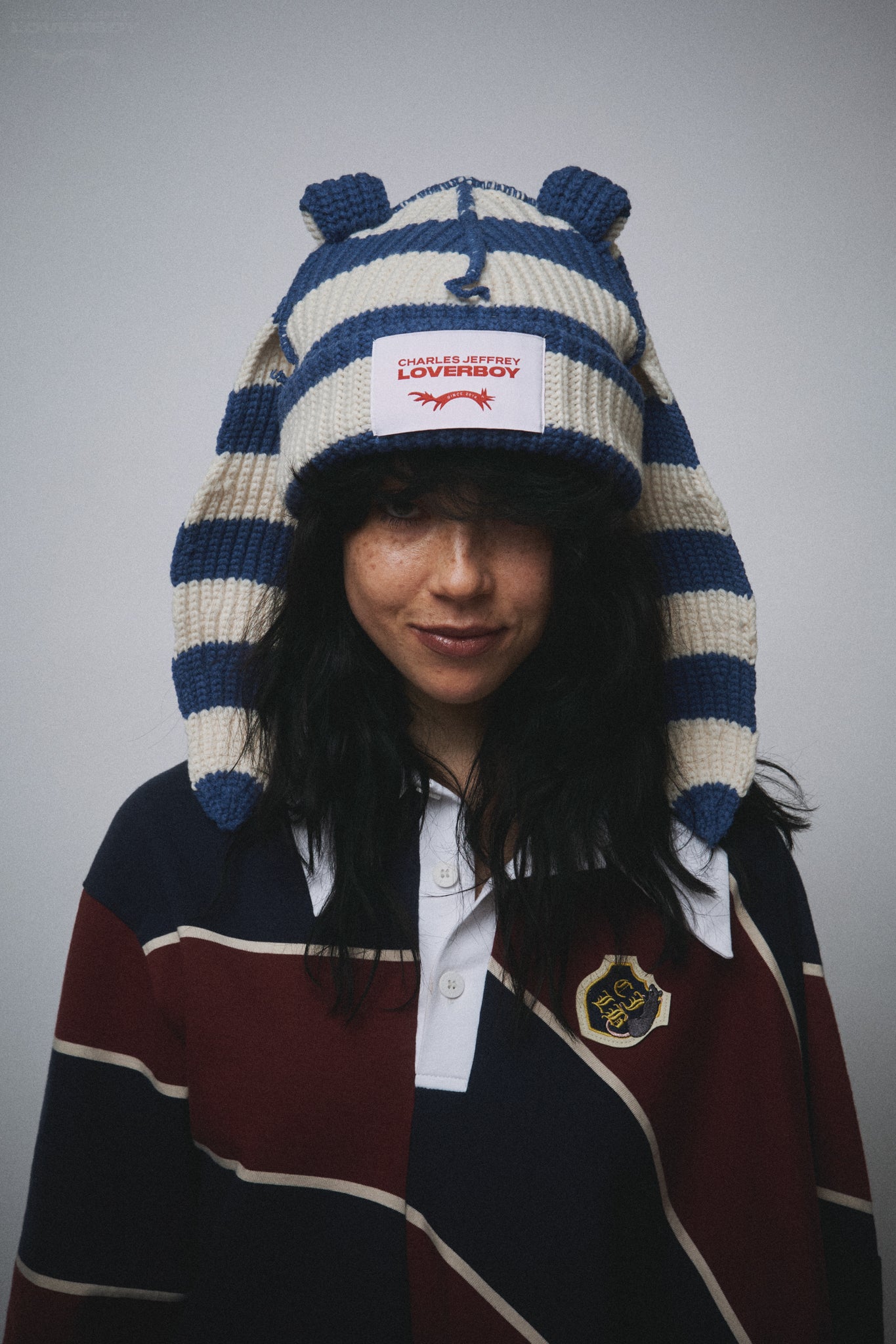 CHUNKY RABBIT BEANIE in BLUE WHITE STRIPE