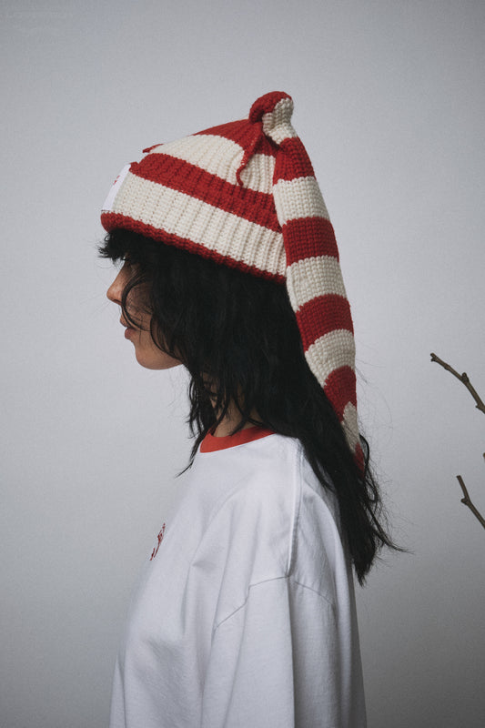 CHUNKY RABBIT BEANIE in RED WHITE STRIPE