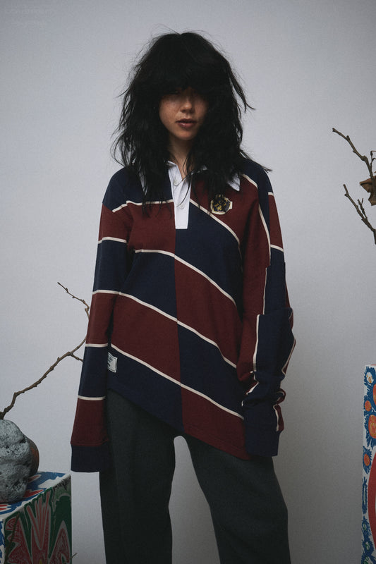 WARPED POLO in BURGUNDY NAVY STRIPE