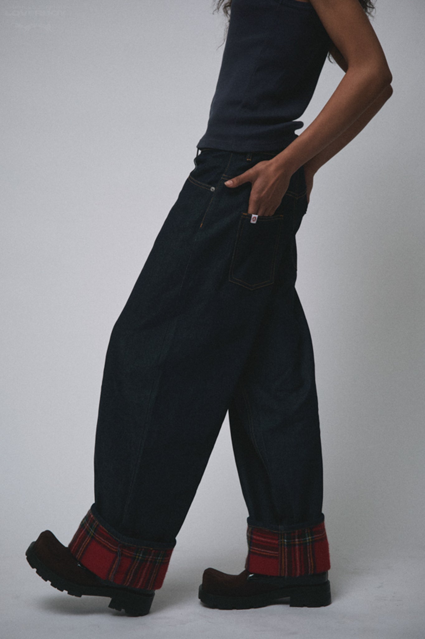 SCARF WIDE LEG JEANS in INDIGO DENIM + RED TARTAN