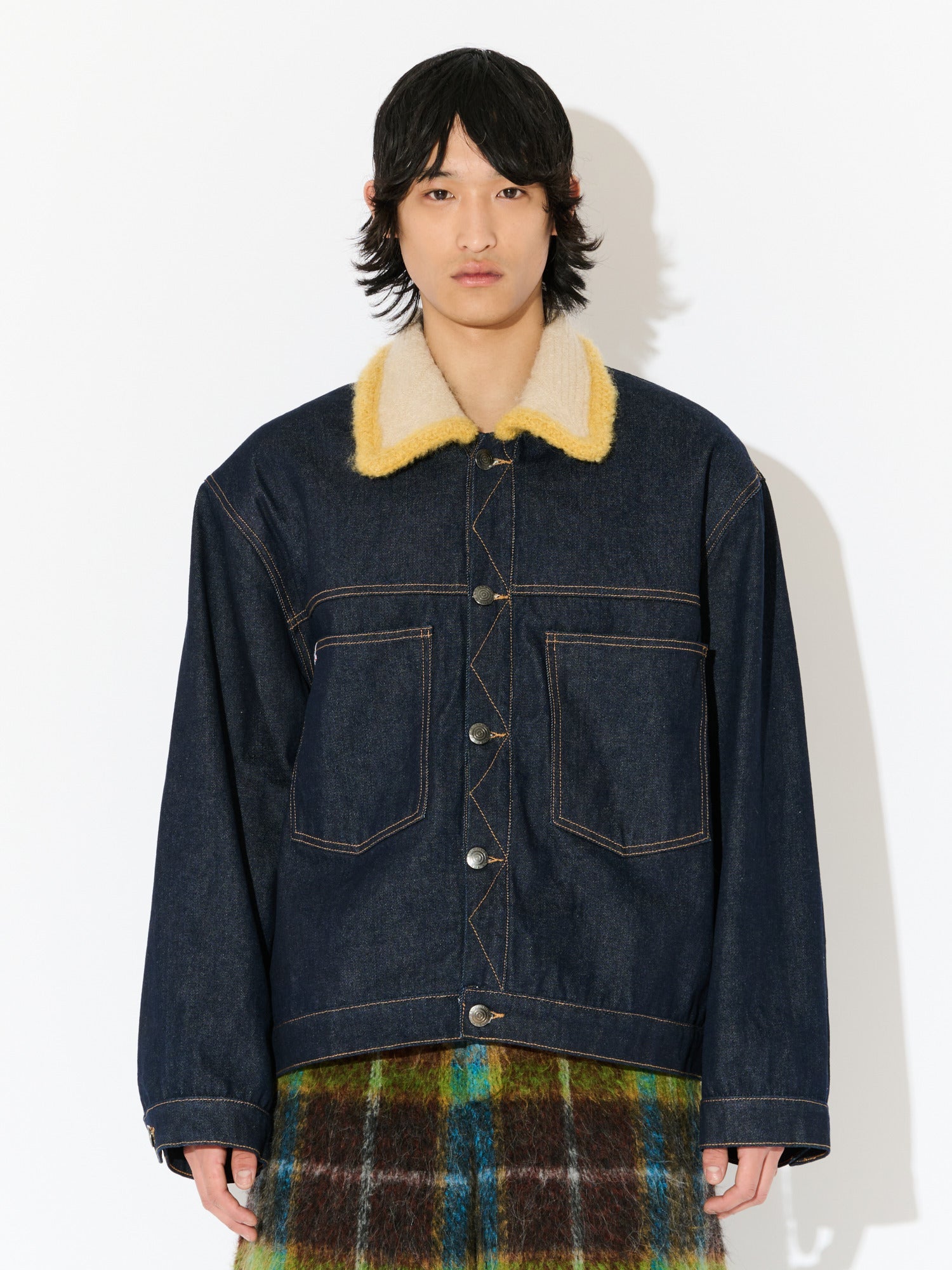 DENIM JACKET WITH KNITTED COLLAR in BLUE – Charles Jeffrey Loverboy